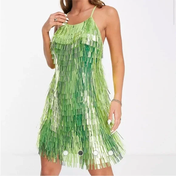NWT ASOS DESIGN shard sequin strappy mini dress, in green size US